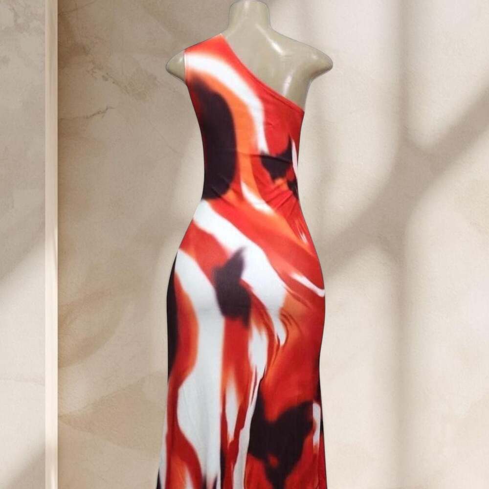 Red Abstract Print Maxi Dress – One Shoulder Bodycon Stretch Sexy Statement ✧ L - Picture 4 of 4